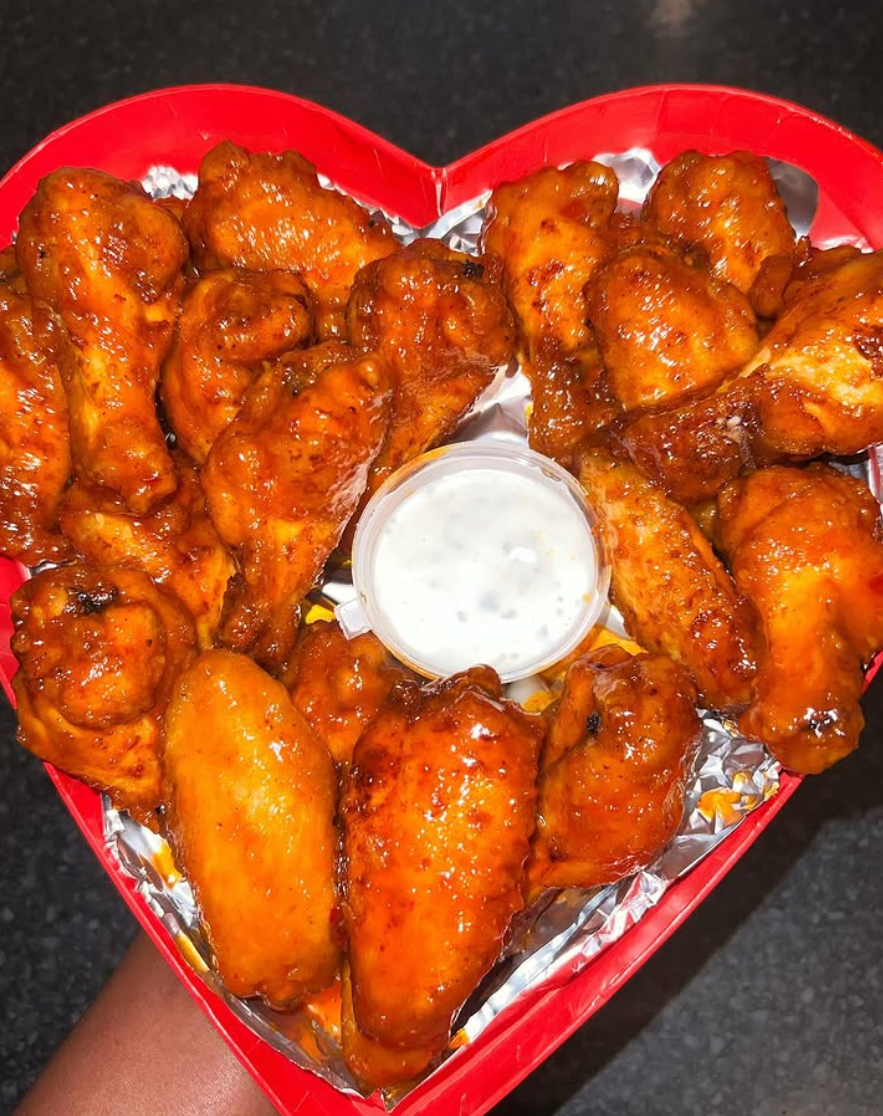 Heart box of saucy chicken wings with creamy dip from Kinna's Kitchen UK